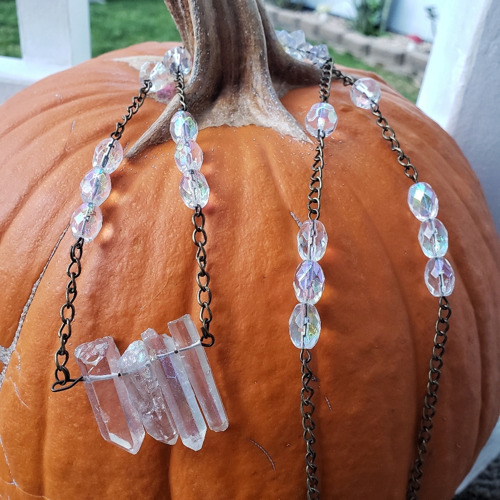 Handmade aura crystal point brass necklace
